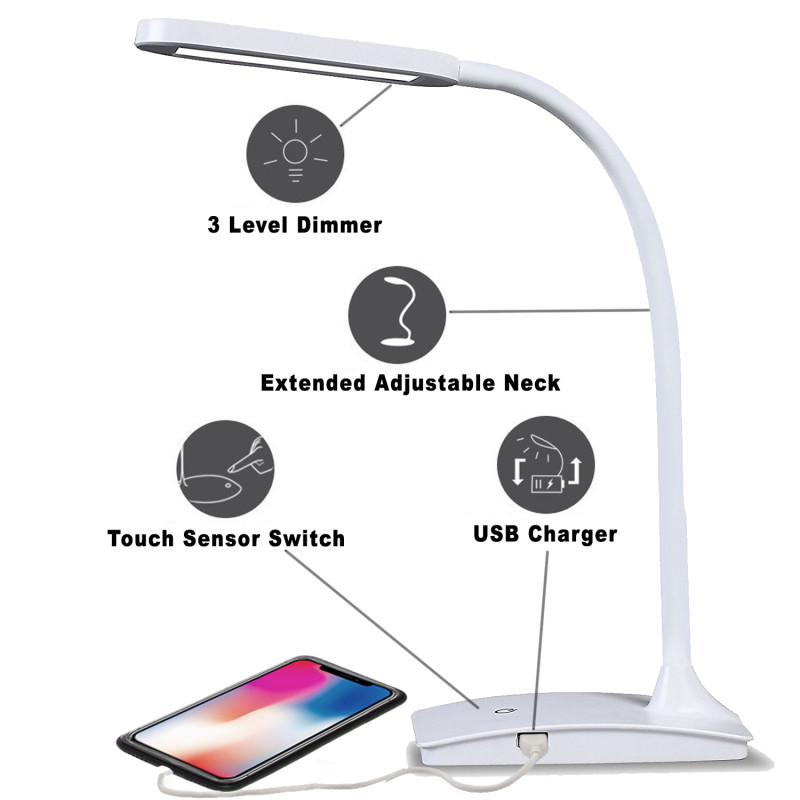 Wh or Purple HOME/OFFICE NEW IVY LED Desk Lamp w/ built-in USB charger in Bk 